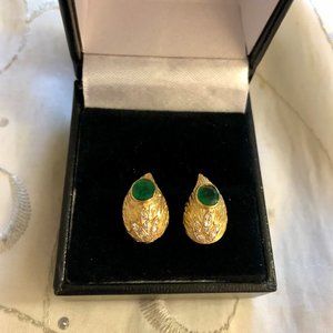 18K Gold  Emerald Diamond Accent Stud Earrings